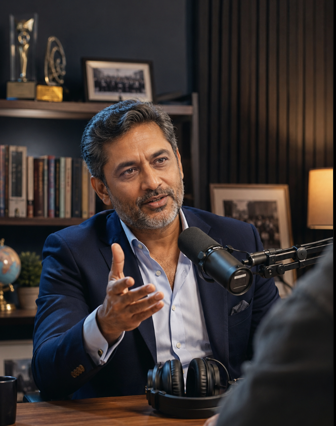Mr. Vijay Bahadur Yadav, founder-owner of a Seth M.R. Jaipuria School campus, recording a podcast episode